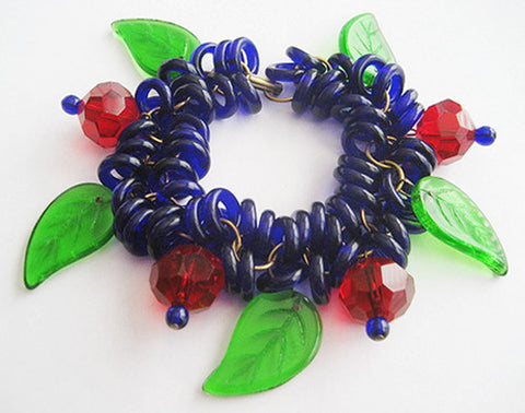 Ruby Red Beads & Cobalt Blue Glass Rings with Big Leaves Bracelet - Hollee
