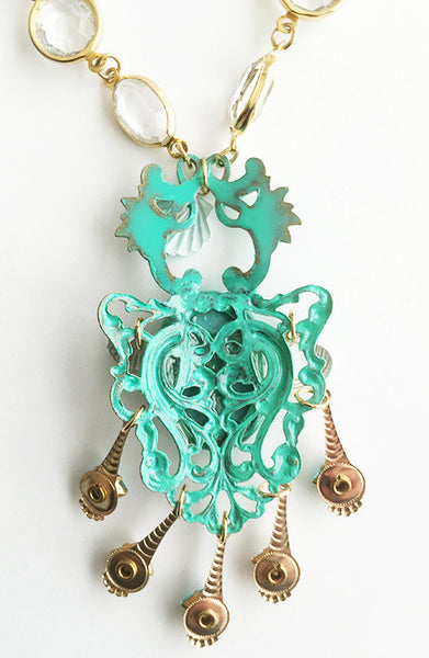 Turquoise Enamel Mermaid Cameo Pendant Necklace with Crystal Bezel Chain - Hollee