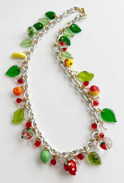 Glass Fruit Charm Necklace with Green Leaves Strawberry Banana Orange Lime Grapes Apple Pear
