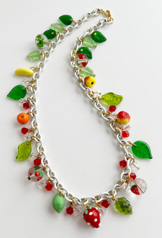 Glass Fruit Charm Necklace with Green Leaves Strawberry Banana Orange Lime Grapes Apple Pear