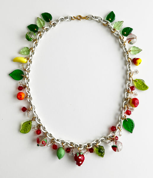 Glass Fruit Charm Necklace with Green Leaves Strawberry Banana Orange Lime Grapes Apple Pear