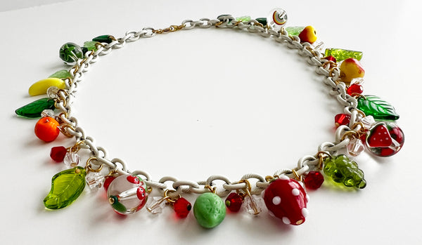 Glass Fruit Charm Necklace with Green Leaves Strawberry Banana Orange Lime Grapes Apple Pear