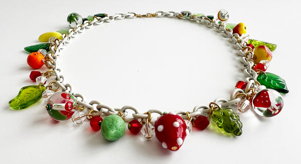 Glass Fruit Charm Necklace with Green Leaves Strawberry Banana Orange Lime Grapes Apple Pear