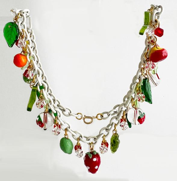 Glass Fruit Charm Necklace with Green Leaves Strawberry Banana Orange Lime Grapes Apple Pear