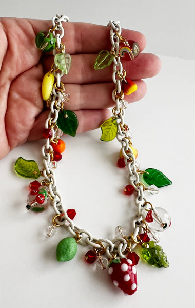 Glass Fruit Charm Necklace with Green Leaves Strawberry Banana Orange Lime Grapes Apple Pear