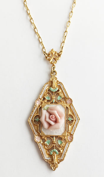 Vintage Porcelain Pink Rose Flower Pendant Necklace by 1928 - Hollee