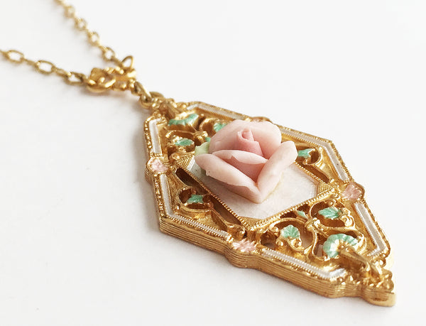 Vintage Porcelain Pink Rose Flower Pendant Necklace by 1928 - Hollee