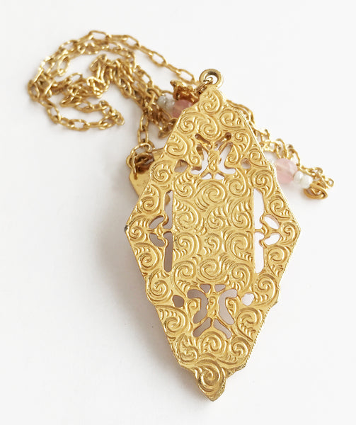 Vintage Porcelain Pink Rose Flower Pendant Necklace by 1928 - Hollee