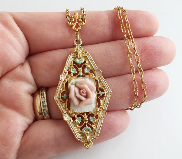 Vintage Porcelain Pink Rose Flower Pendant Necklace by 1928 - Hollee