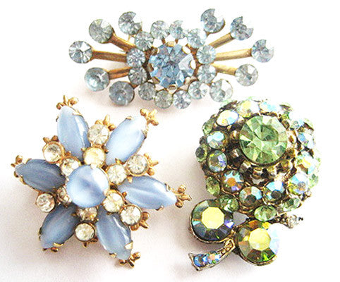 Three Vintage Glitzy Rhinestone Flower Scatter Pins - Hollee