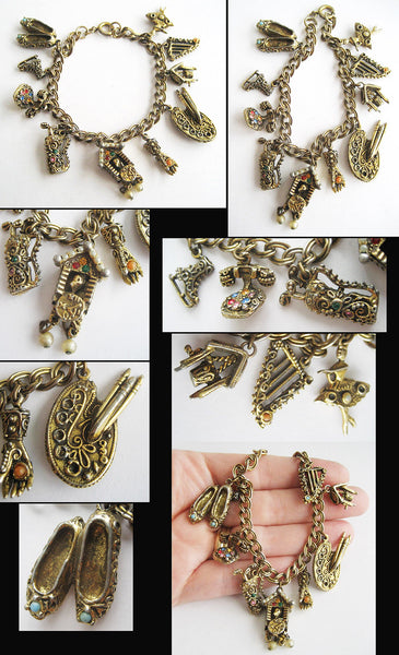 Vintage Charm Bracelet Hand Ballerina Telephone Shoes Skates Clock Art Palette & Harp - Hollee