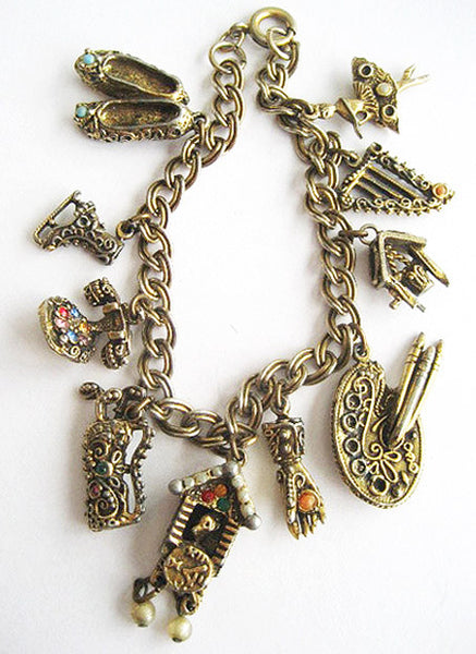 Vintage Charm Bracelet Hand Ballerina Telephone Shoes Skates Clock Art Palette & Harp - Hollee