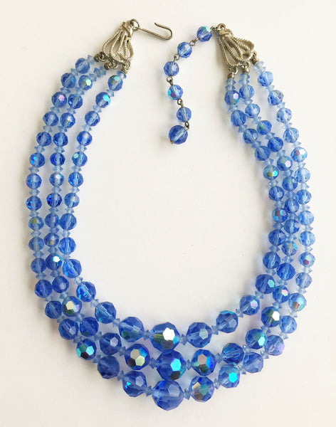 Vintage Three Strand Blue Faceted Crystal Bead Necklace - Hollee