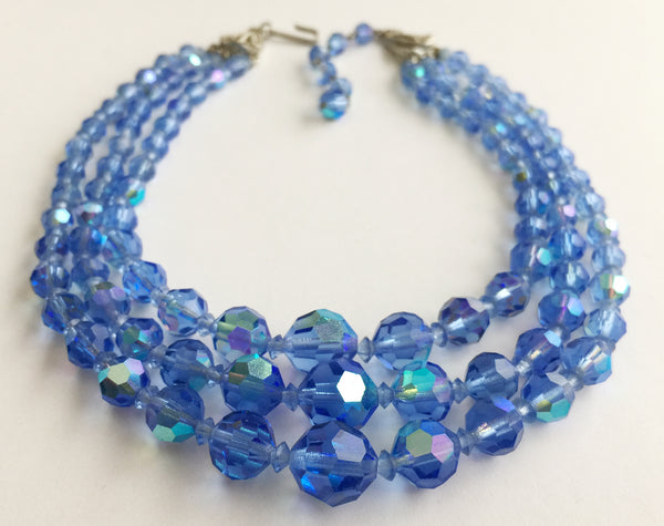 Vintage Three Strand Blue Faceted Crystal Bead Necklace - Hollee