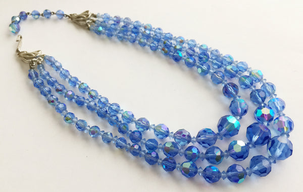 Vintage Three Strand Blue Faceted Crystal Bead Necklace - Hollee