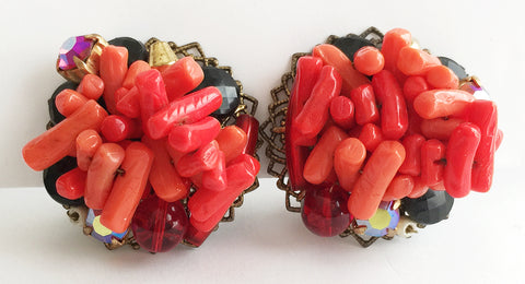 Vintage Branch Coral Rhinestone & Filigree Clip Earrings - Hollee