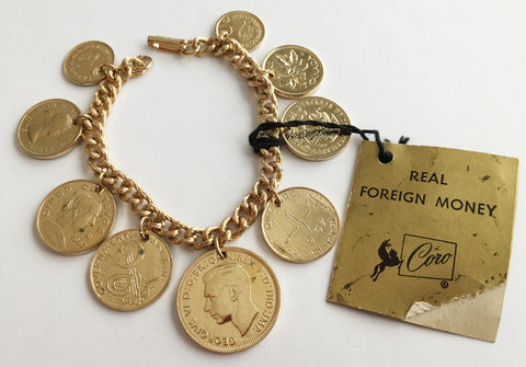 Vintage Coro Golden Coin Charm Bracelet with Original Tag - Hollee