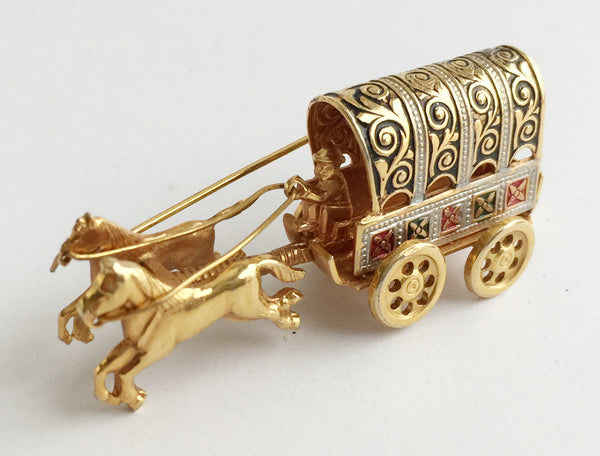 Vintage Damascene Covered Wagon and Horses Pin - Hollee