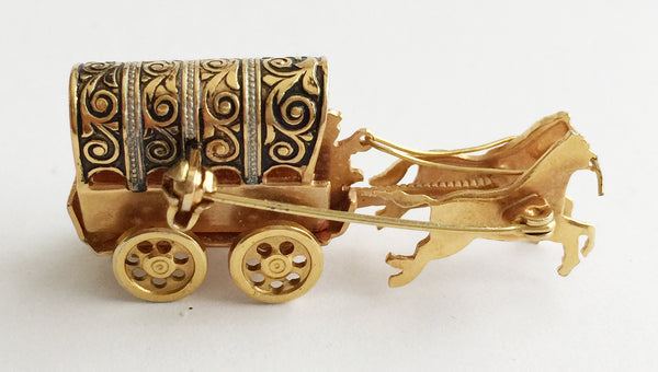 Vintage Damascene Covered Wagon and Horses Pin - Hollee