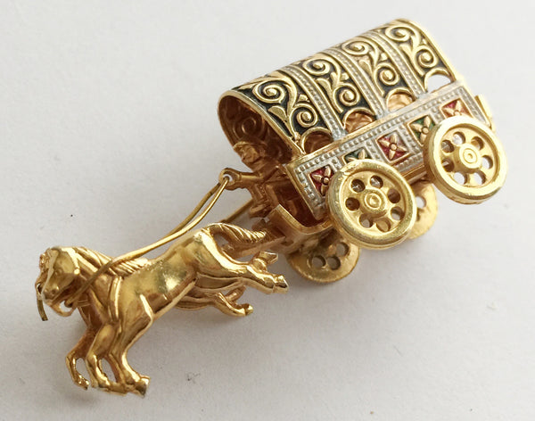 Vintage Damascene Covered Wagon and Horses Pin - Hollee
