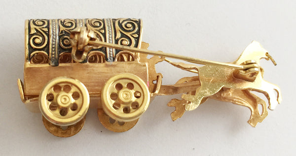 Vintage Damascene Covered Wagon and Horses Pin - Hollee