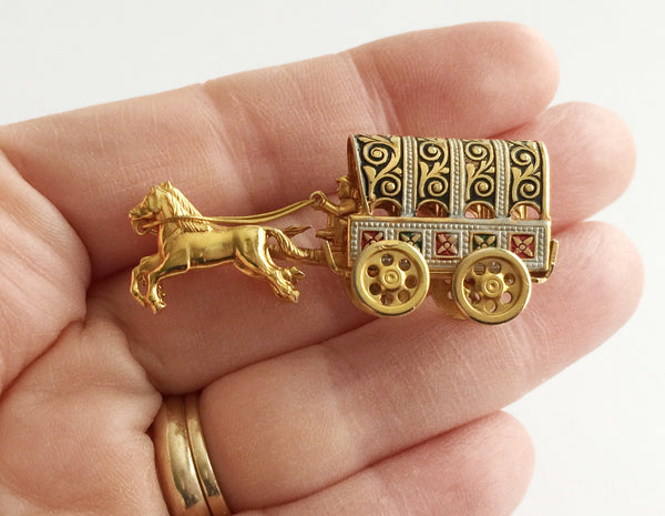 Vintage Damascene Covered Wagon and Horses Pin - Hollee