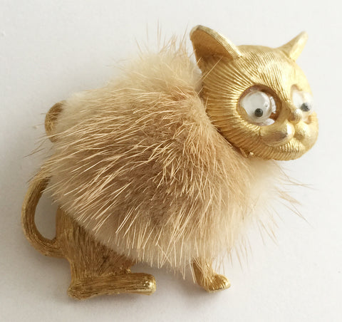 Vintage Kitty Cat Pin with Real Fur and Googly Eyes - Hollee