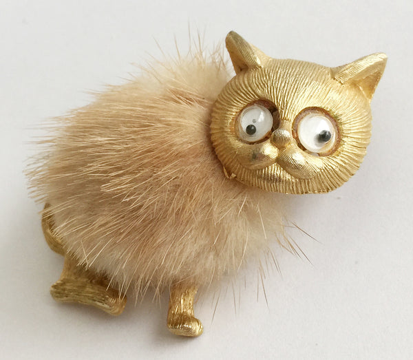 Vintage Kitty Cat Pin with Real Fur and Googly Eyes - Hollee