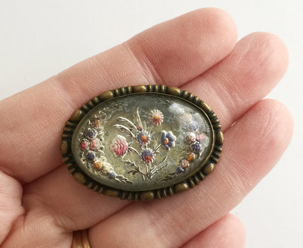 Vintage Reverse Carved Goofus Glass Flower Pin - Hollee