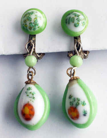 Vintage Green & White Japan Glass Drop Clip Earrings - Hollee