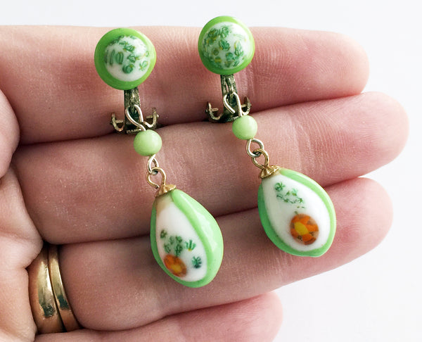 Vintage Green & White Japan Glass Drop Clip Earrings - Hollee