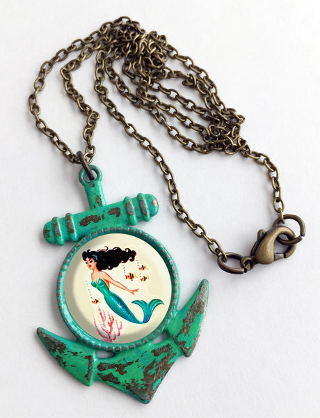 Mermaid Cabochon & Anchor Pendant Necklace - Hollee