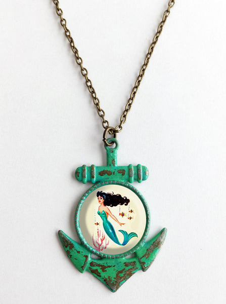 Mermaid Cabochon & Anchor Pendant Necklace - Hollee