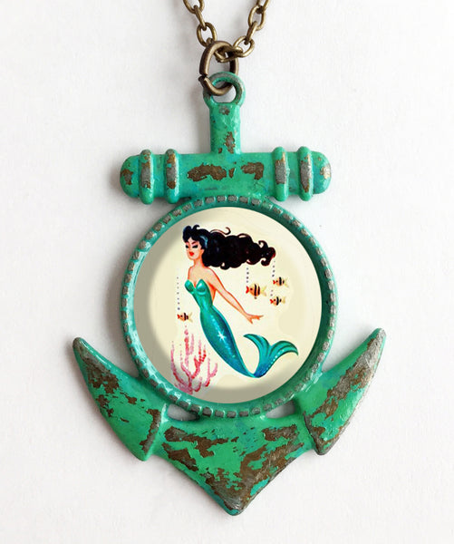 Mermaid Cabochon & Anchor Pendant Necklace - Hollee