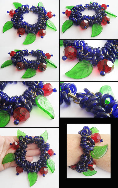 Ruby Red Beads & Cobalt Blue Glass Rings with Big Leaves Bracelet - Hollee