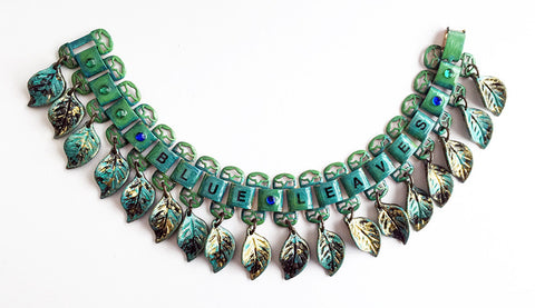 Dangling Blue Leaves Enamel & Bookchain Bracelet with Rhinestones - Hollee