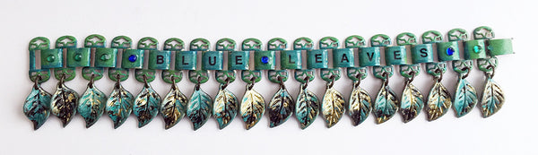 Dangling Blue Leaves Enamel & Bookchain Bracelet with Rhinestones - Hollee