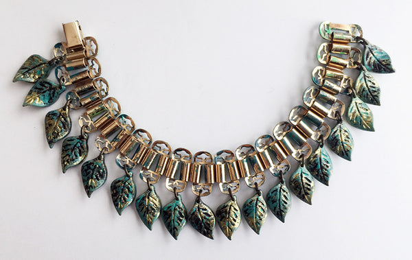 Dangling Blue Leaves Enamel & Bookchain Bracelet with Rhinestones - Hollee