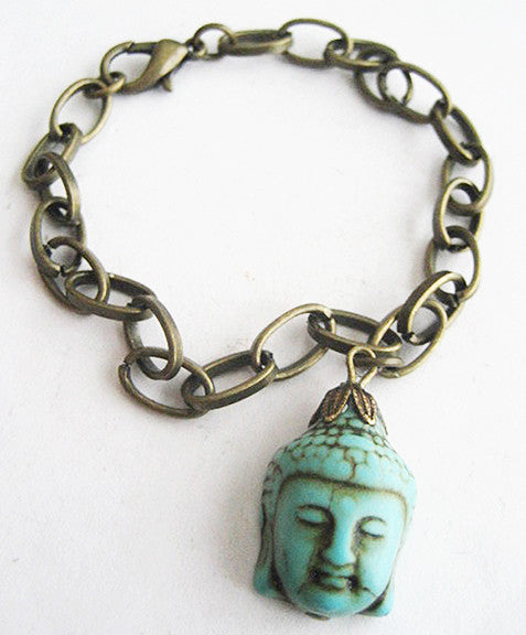 Turquoise Blue Howlite Buddha Charm Bracelet - Antiqued Gold - Hollee