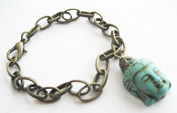 Turquoise Blue Howlite Buddha Charm Bracelet - Antiqued Gold - Hollee