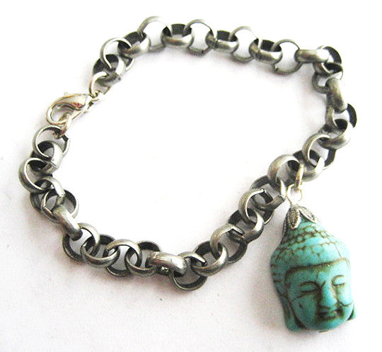 Turquoise Blue Howlite Buddha Silvertone Charm Bracelet - Hollee