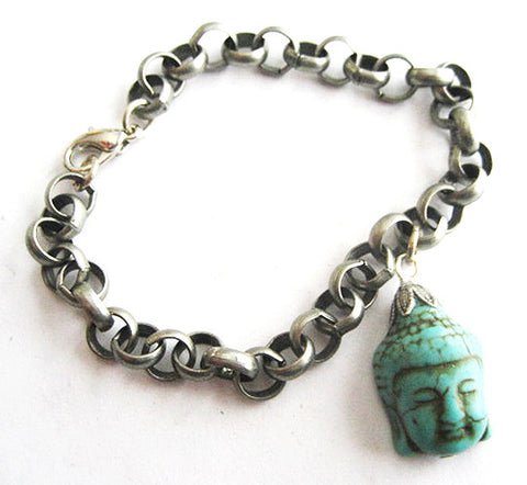 Turquoise Blue Howlite Buddha Silvertone Charm Bracelet - Hollee