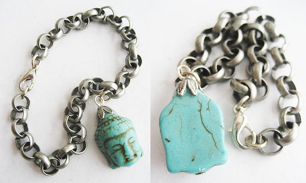 Turquoise Blue Howlite Buddha Silvertone Charm Bracelet - Hollee