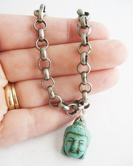 Turquoise Blue Howlite Buddha Silvertone Charm Bracelet - Hollee
