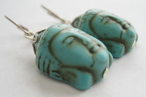 Turquoise Blue Howlite Buddha Silvertone Drop Earrings - Hollee