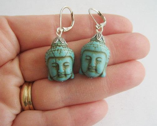 Turquoise Blue Howlite Buddha Silvertone Drop Earrings - Hollee