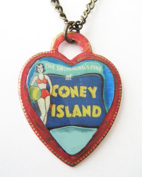 Coney Island NY Bathing Beauty Souvenir Heart Necklace - Hollee