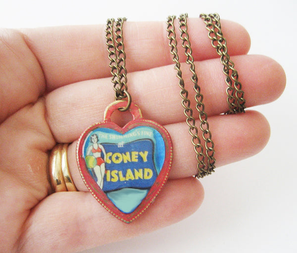 Coney Island NY Bathing Beauty Souvenir Heart Necklace - Hollee