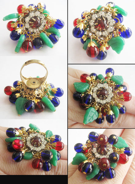 Ruby Red & Cobalt Blue Bead with Jade Glass Leaves Gypsy Ring - Hollee