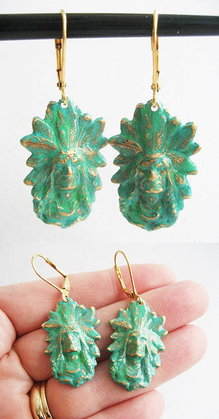 Verdigris Enamel Dangling Vintage Indian Chief Earrings - Hollee